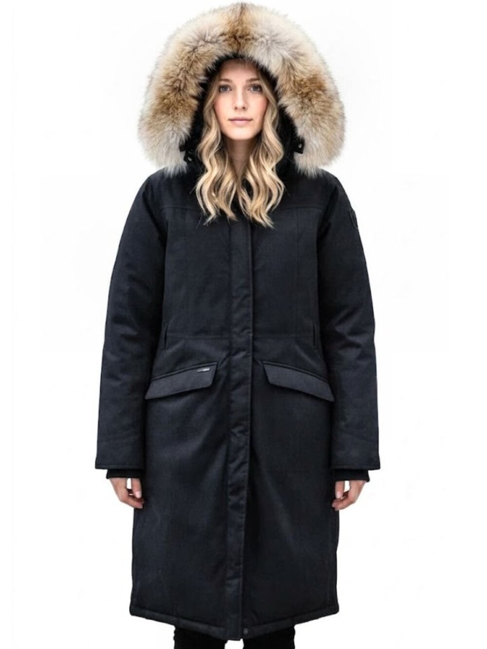 NOBIS 'Morgan' Long Down Black Parka with Coyote Fur Trim, Womens Size XL